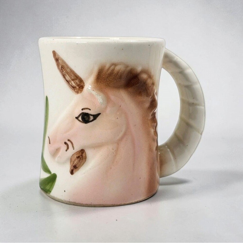 Vintage Unicorn Mugs Set of 4 Hand Painted 3D Horn Handles 70s Fantasy Magical